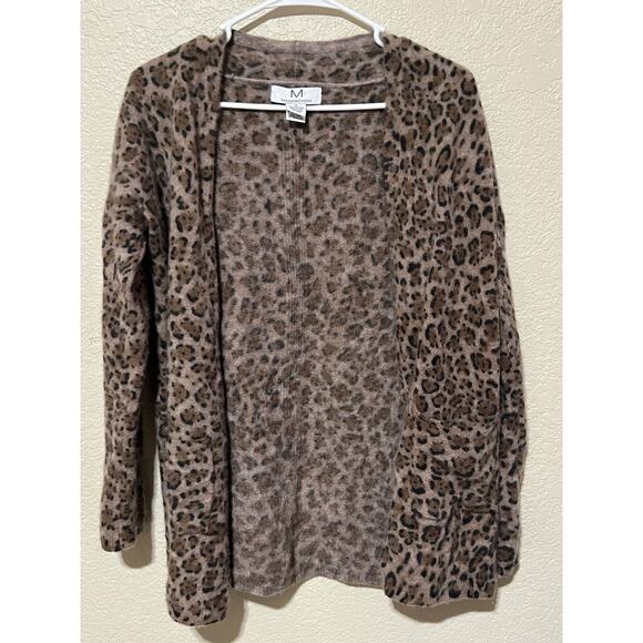 Magaschoni 100% Cashmere Open Front Cardigan Sz M Pockets Leopard Print - Picture 10 of 10